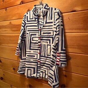 Multiples Blue and White Asymmetrical Mandarin Collar Top size Small